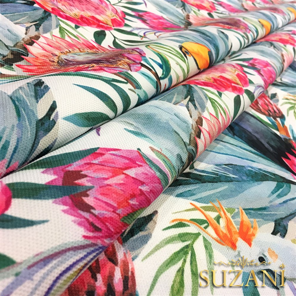 Fuşya Çiçek ve Tukan Desenli Kumaş