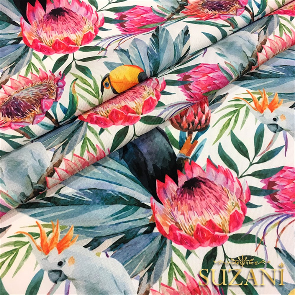 Fuşya Çiçek ve Tukan Desenli Kumaş