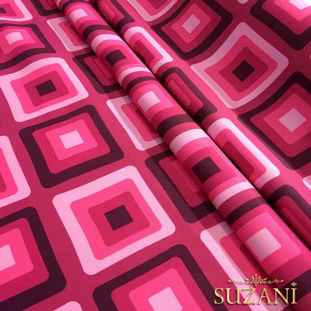 Fuşya Pembe Geometrik Vintage Desenli Kumaş