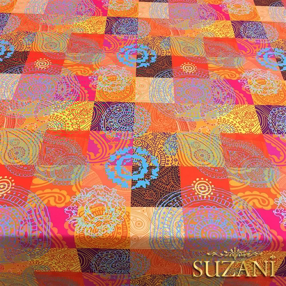 Fuşya Portakal Rengi Patchwork Desenli Kumaş