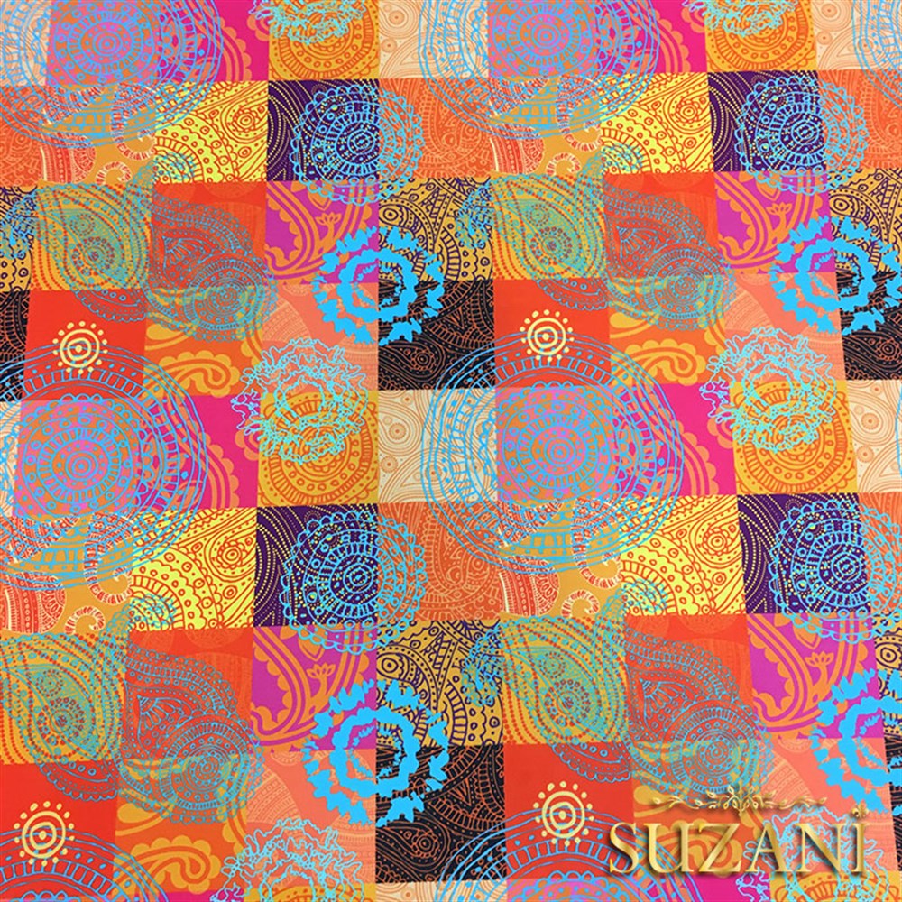 Fuşya Portakal Rengi Patchwork Desenli Kumaş