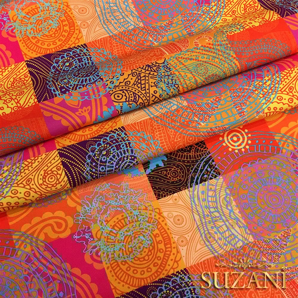 Fuşya Portakal Rengi Patchwork Desenli Kumaş