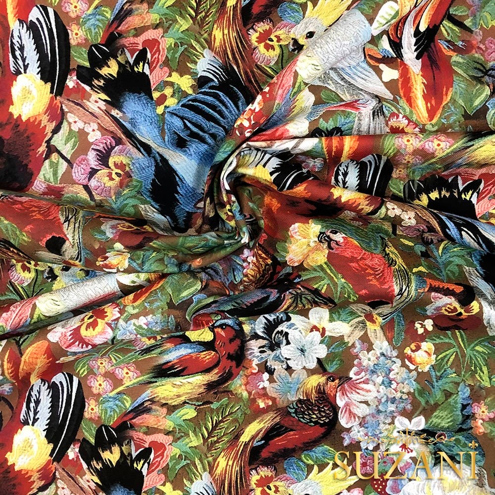 Goblen Kuş Desenli Dijital Baskılı Kumaş