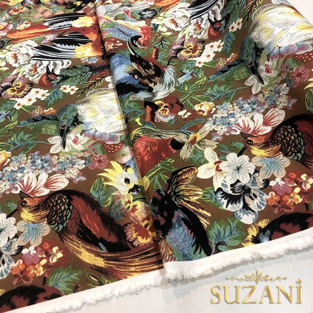 Goblen Kuş Desenli Dijital Baskılı Kumaş