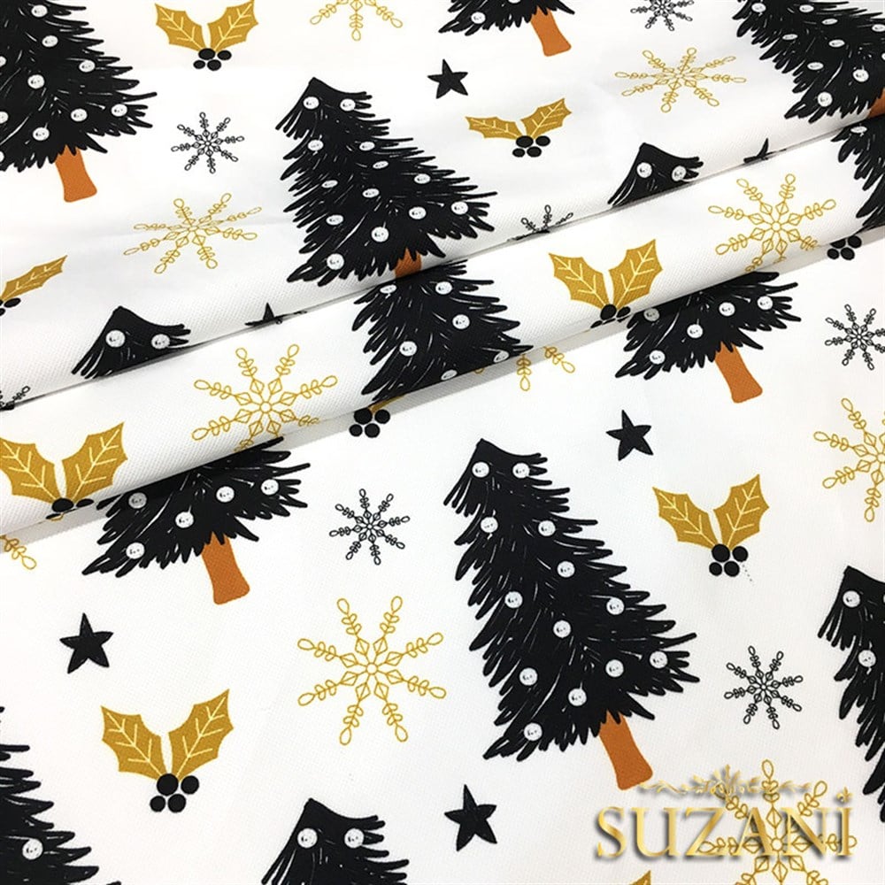 Gold Siyah Çam Ağacı Yılbaşı Desenli Kumaş