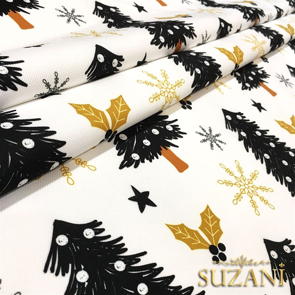 Gold Siyah Çam Ağacı Yılbaşı Desenli Kumaş
