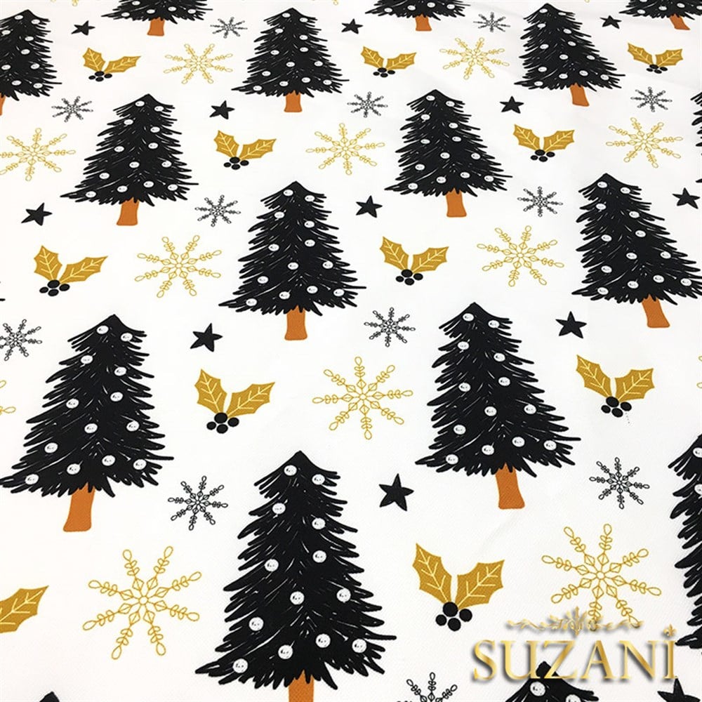 Gold Siyah Çam Ağacı Yılbaşı Desenli Kumaş