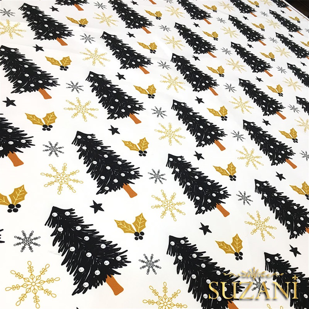Gold Siyah Çam Ağacı Yılbaşı Desenli Kumaş
