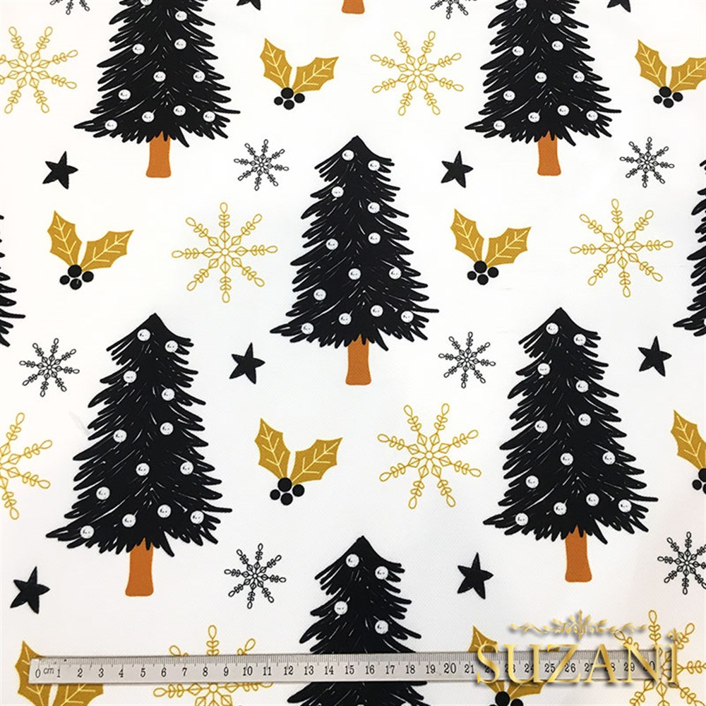 Gold Siyah Çam Ağacı Yılbaşı Desenli Kumaş