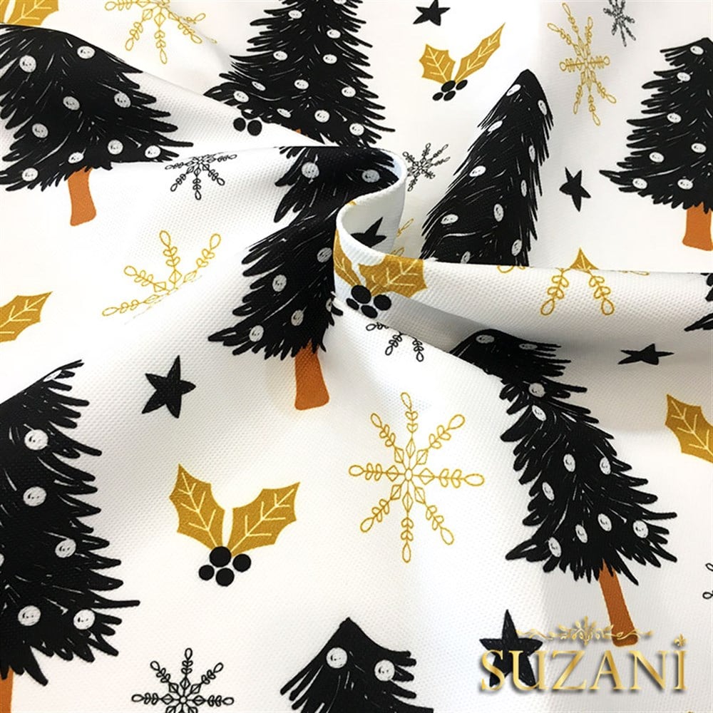 Gold Siyah Çam Ağacı Yılbaşı Desenli Kumaş
