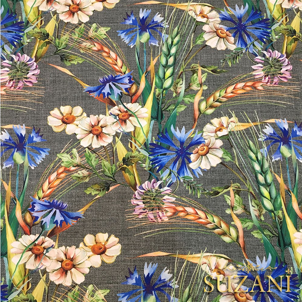 Gri Keten Başaklar Desenli Kumaş