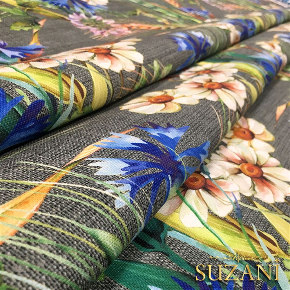 Gri Keten Başaklar Desenli Kumaş