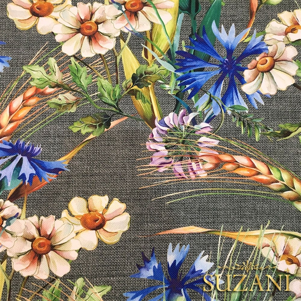 Gri Keten Başaklar Desenli Kumaş