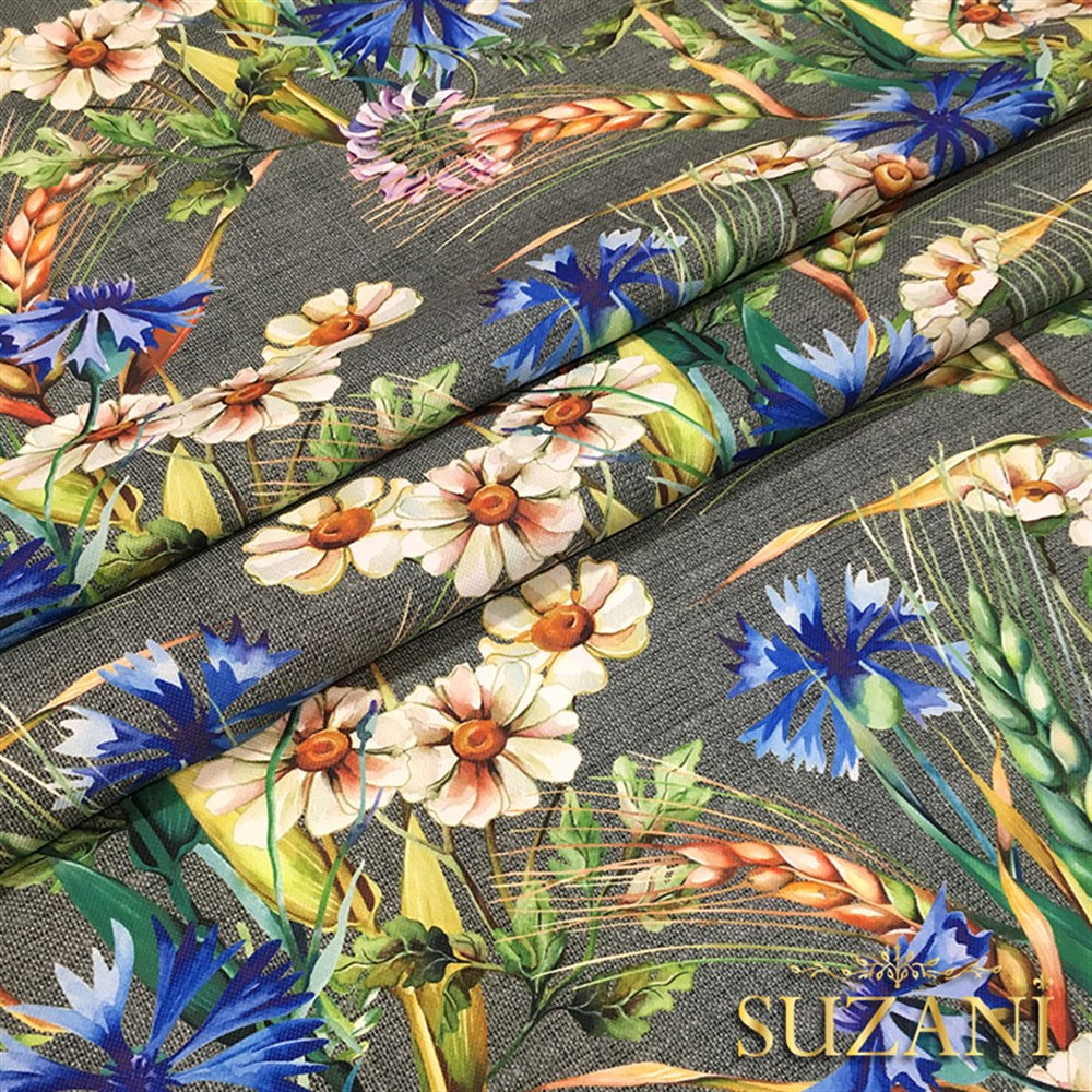 Gri Keten Başaklar Desenli Kumaş