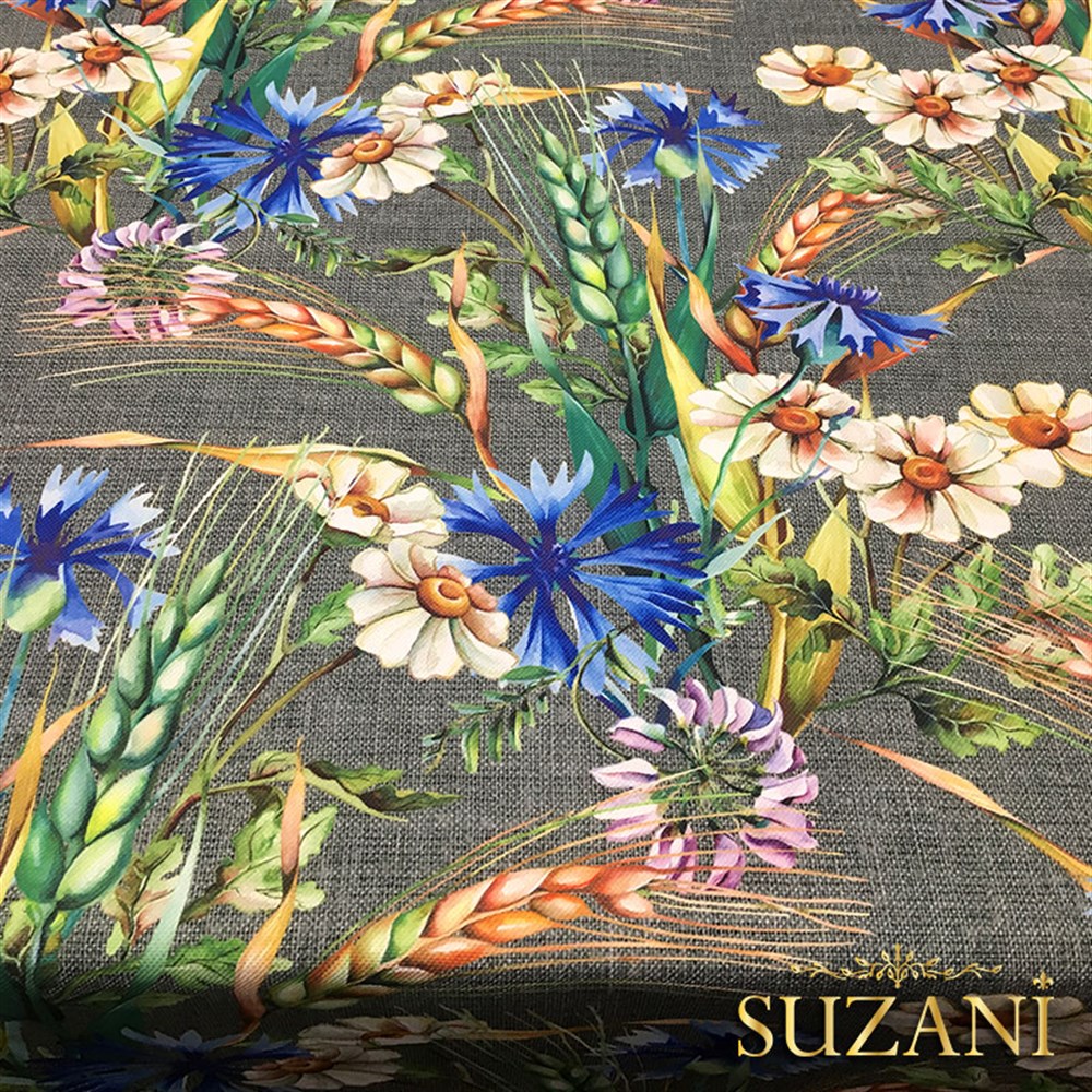 Gri Keten Başaklar Desenli Kumaş