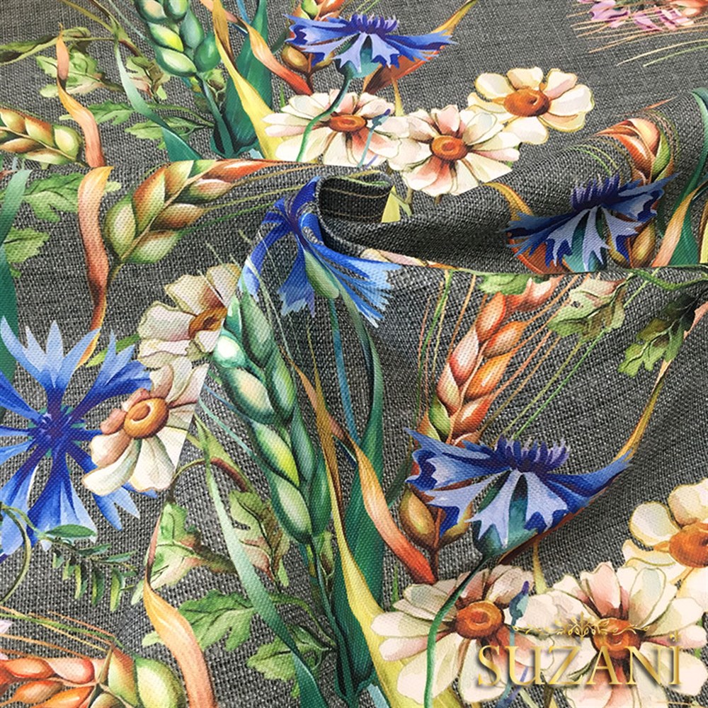 Gri Keten Başaklar Desenli Kumaş