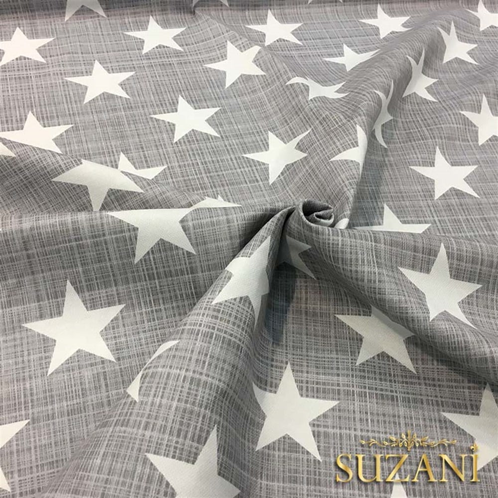 Gri Keten Efektli Yıldızlı Döşemelik Kumaş