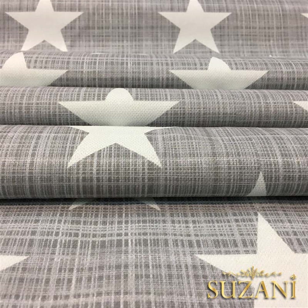 Gri Keten Efektli Yıldızlı Döşemelik Kumaş