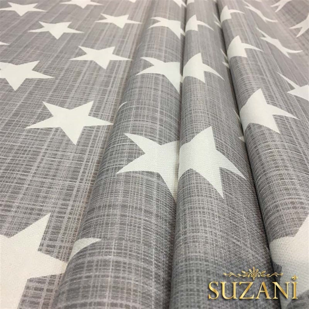 Gri Keten Efektli Yıldızlı Döşemelik Kumaş