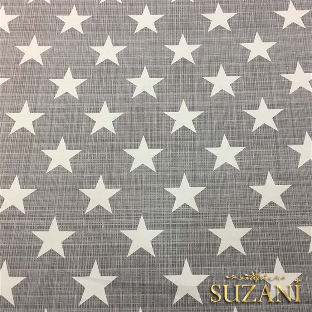 Gri Keten Efektli Yıldızlı Döşemelik Kumaş