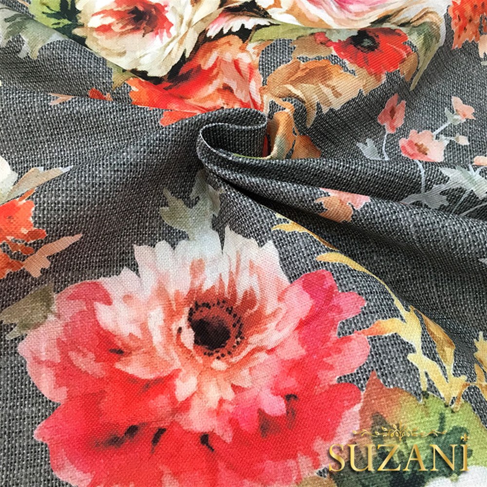 Gri Keten Güller Desenli Kumaş