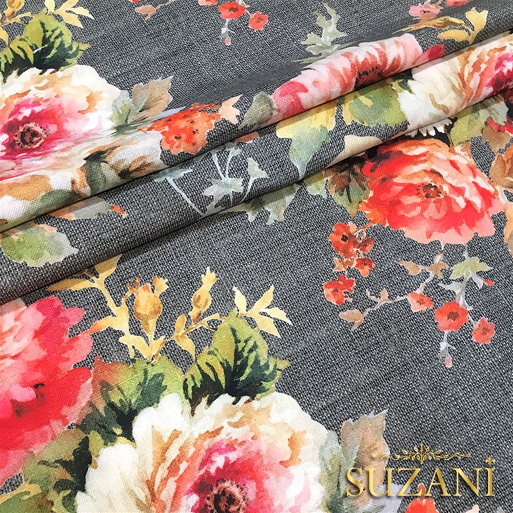 Gri Keten Güller Desenli Kumaş