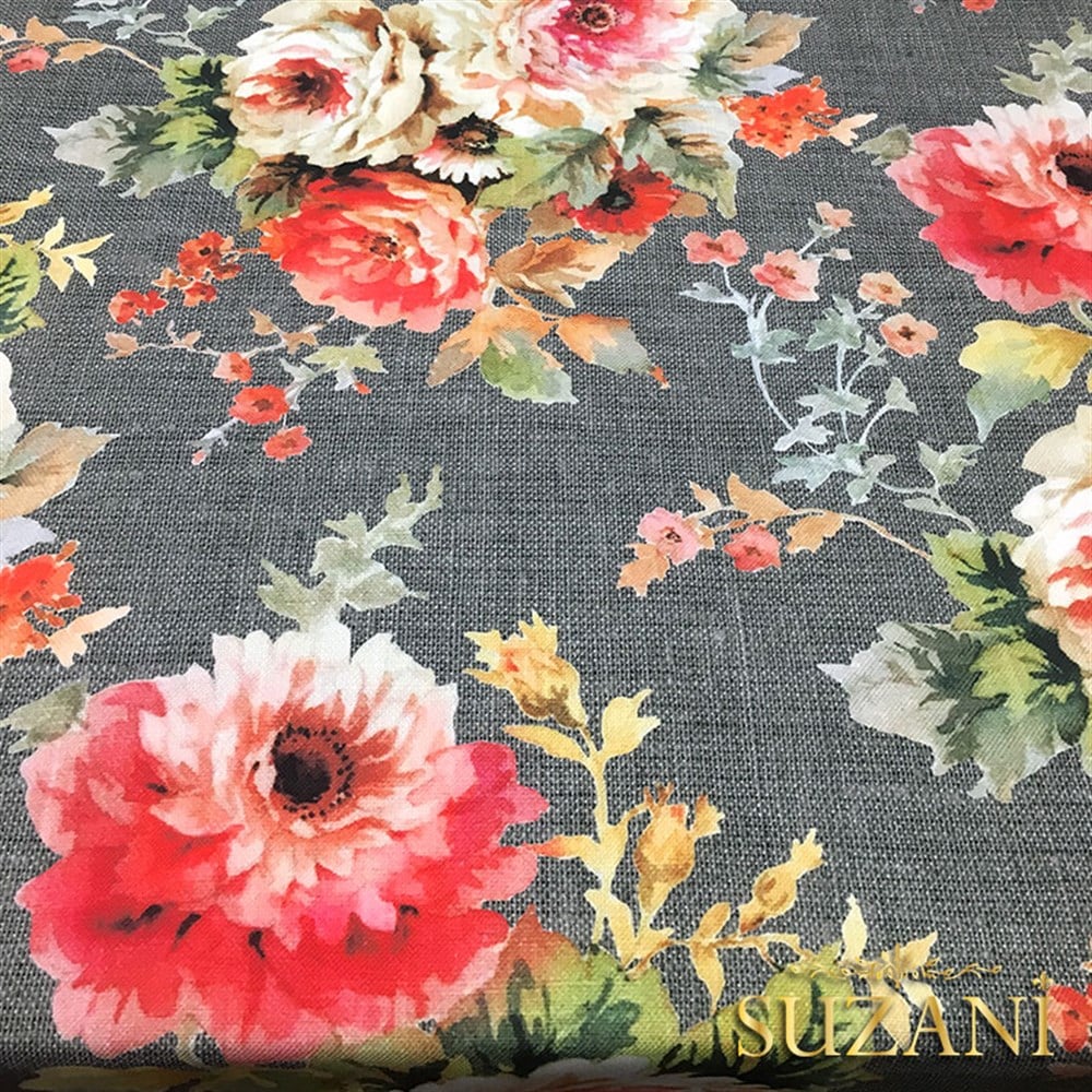 Gri Keten Güller Desenli Kumaş