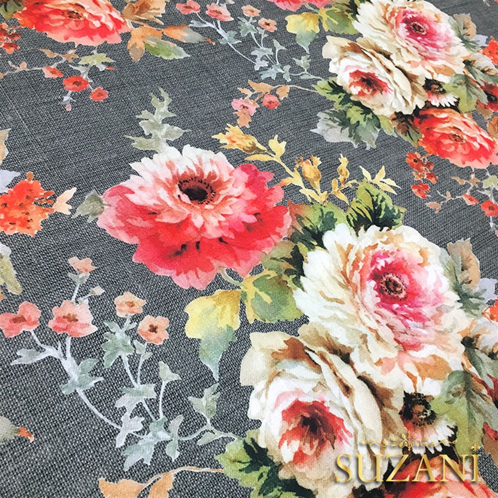 Gri Keten Güller Desenli Kumaş