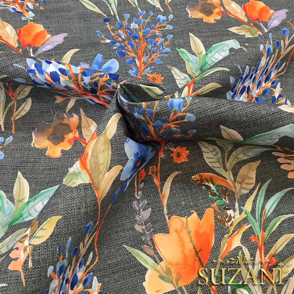 Gri Keten Mavi Çiçek Desenli Kumaş