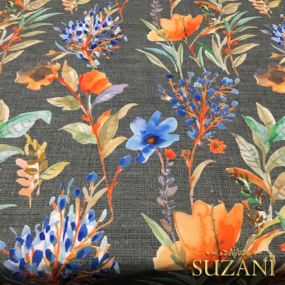 Gri Keten Mavi Çiçek Desenli Kumaş