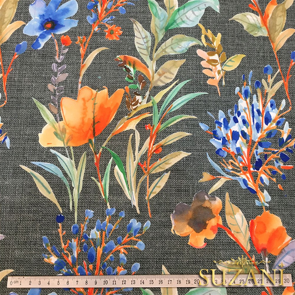 Gri Keten Mavi Çiçek Desenli Kumaş