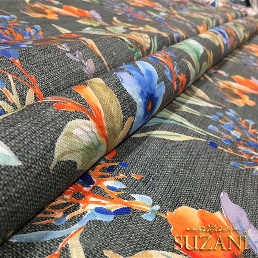 Gri Keten Mavi Çiçek Desenli Kumaş