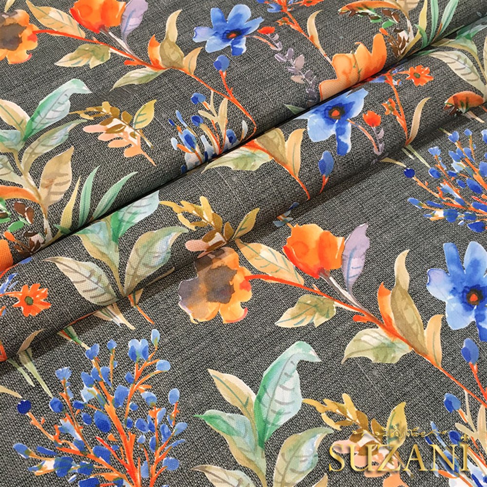 Gri Keten Mavi Çiçek Desenli Kumaş