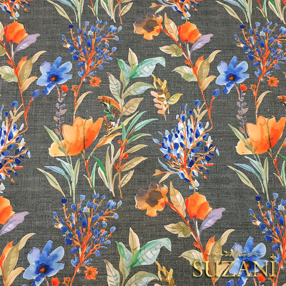 Gri Keten Mavi Çiçek Desenli Kumaş