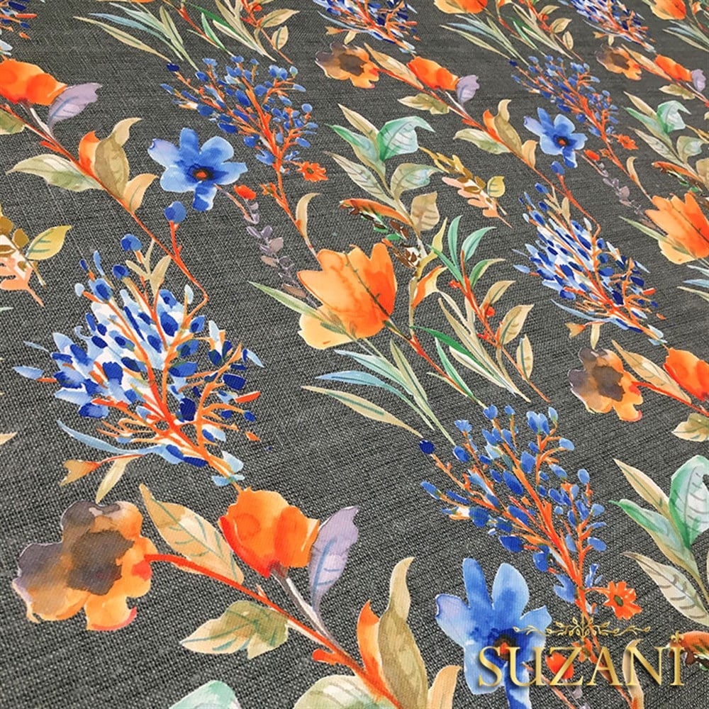 Gri Keten Mavi Çiçek Desenli Kumaş