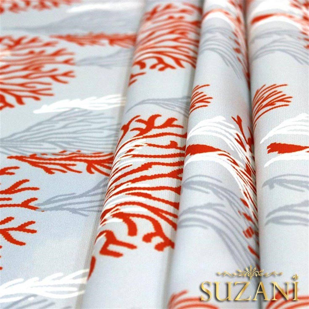 Gri Kırmızı Mercan Desenli Kumaş