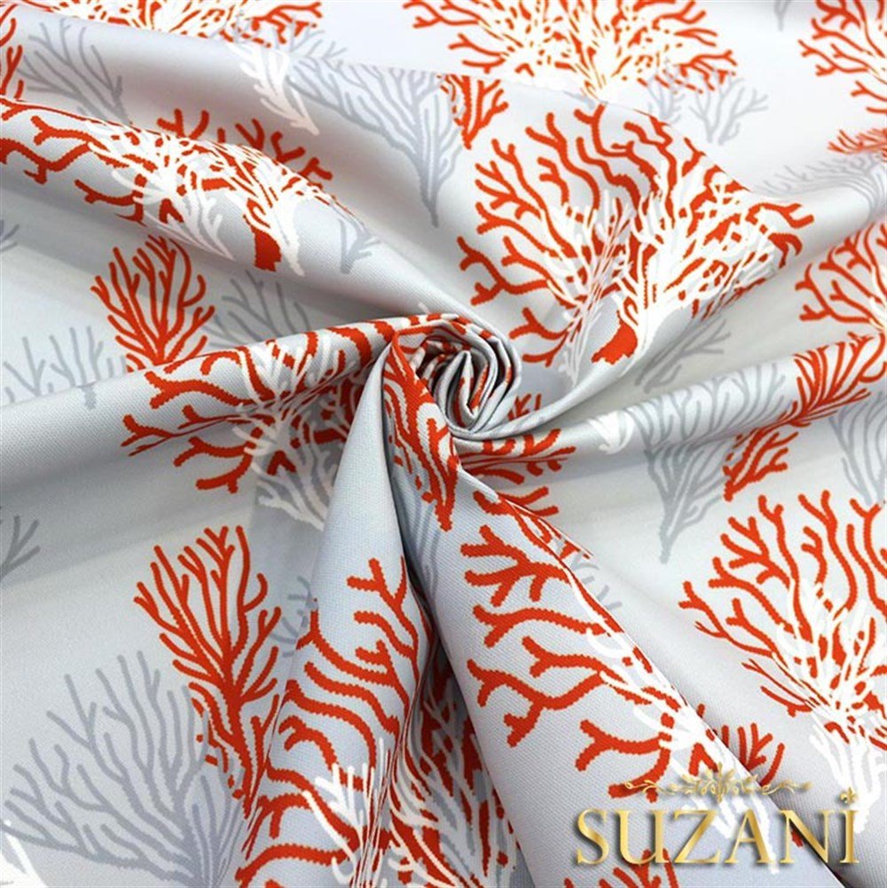 Gri Kırmızı Mercan Desenli Kumaş