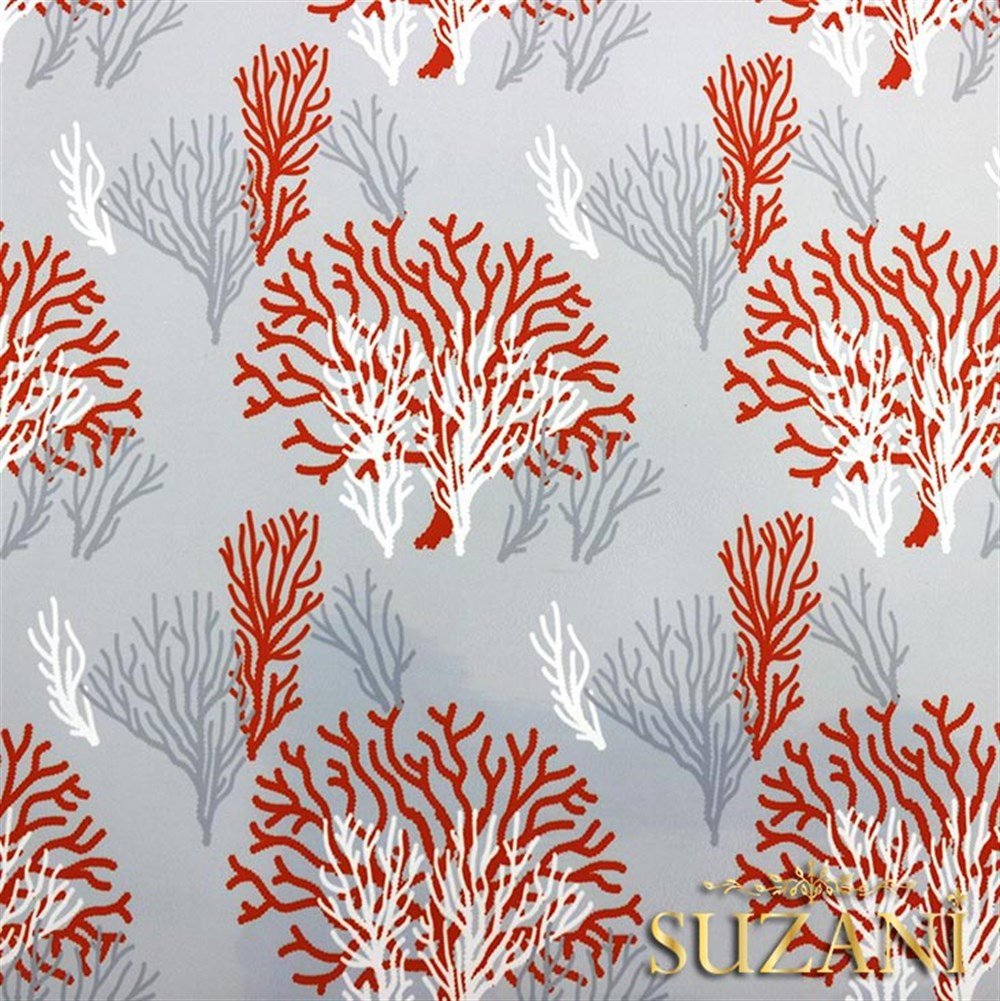 Gri Kırmızı Mercan Desenli Kumaş