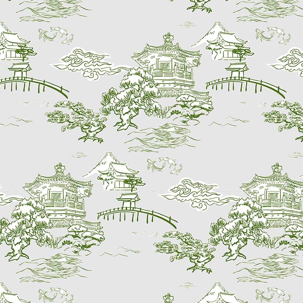 Gri Yeşil Çin Evleri Desenli Kumaş