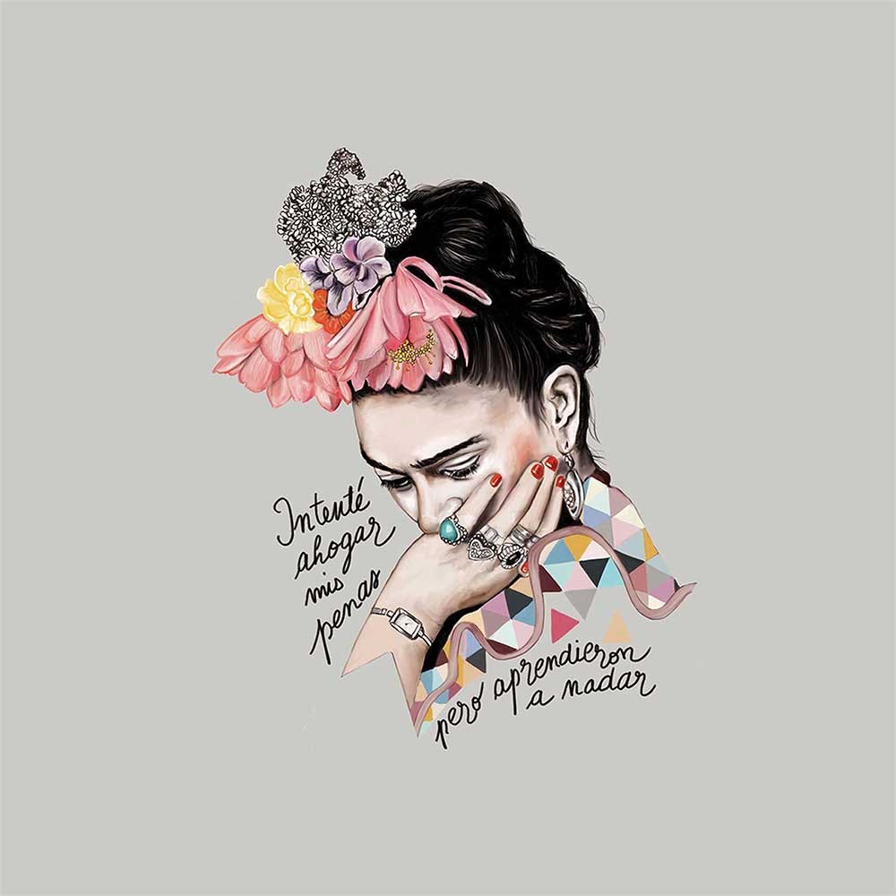 Gri Zemin Frida 45x45cm Pano Baskılı Kumaş