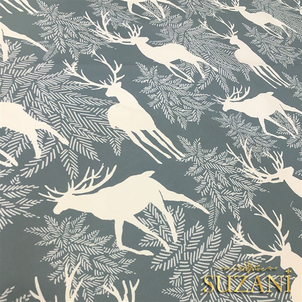 Gri Zemin Geyikli Yılbaşı Desenli Kumaş