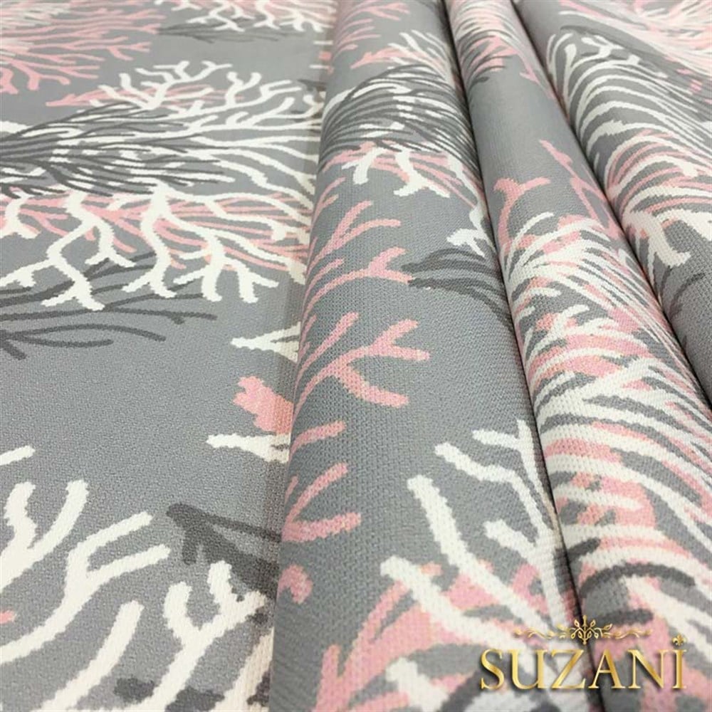 Gri Zemin Pembe Beyaz Mercan Desenli Kumaş