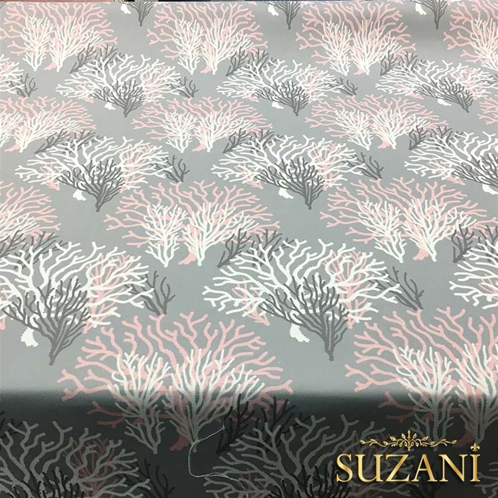 Gri Zemin Pembe Beyaz Mercan Desenli Kumaş