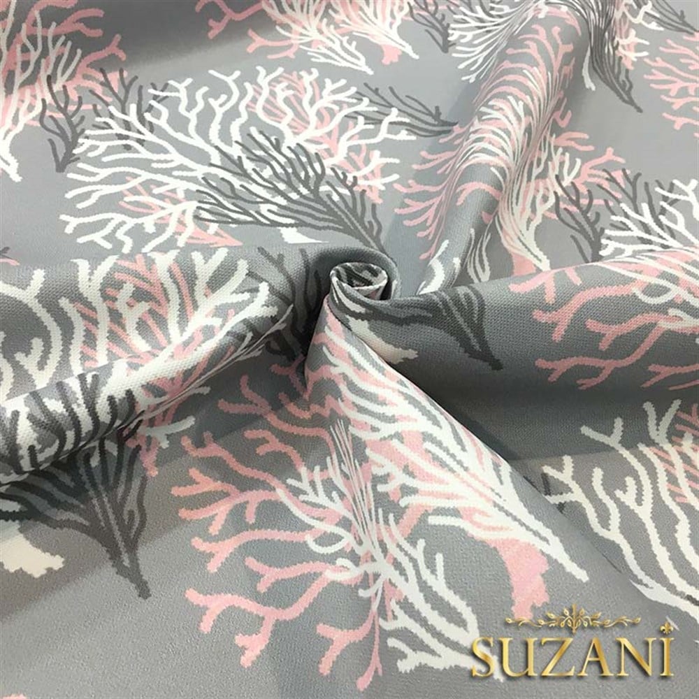 Gri Zemin Pembe Beyaz Mercan Desenli Kumaş