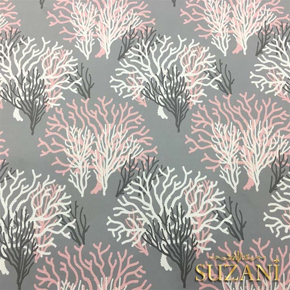 Gri Zemin Pembe Beyaz Mercan Desenli Kumaş