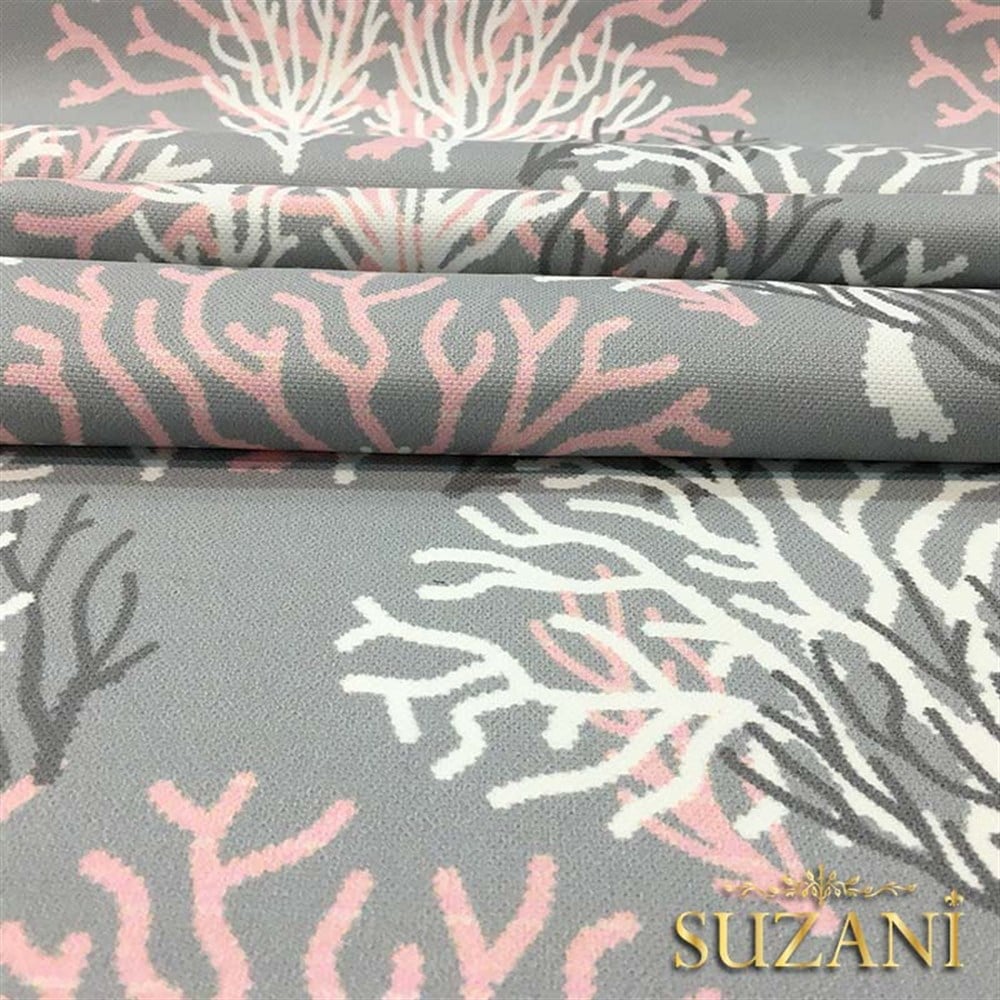 Gri Zemin Pembe Beyaz Mercan Desenli Kumaş