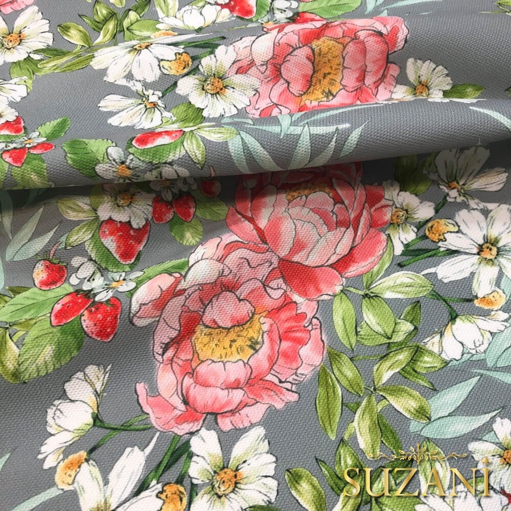 Gri Zemin Şakayık Desenli Dijital Baskılı Kumaş