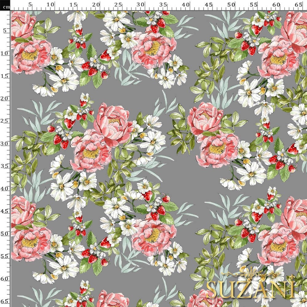 Gri Zemin Şakayık Desenli Dijital Baskılı Kumaş