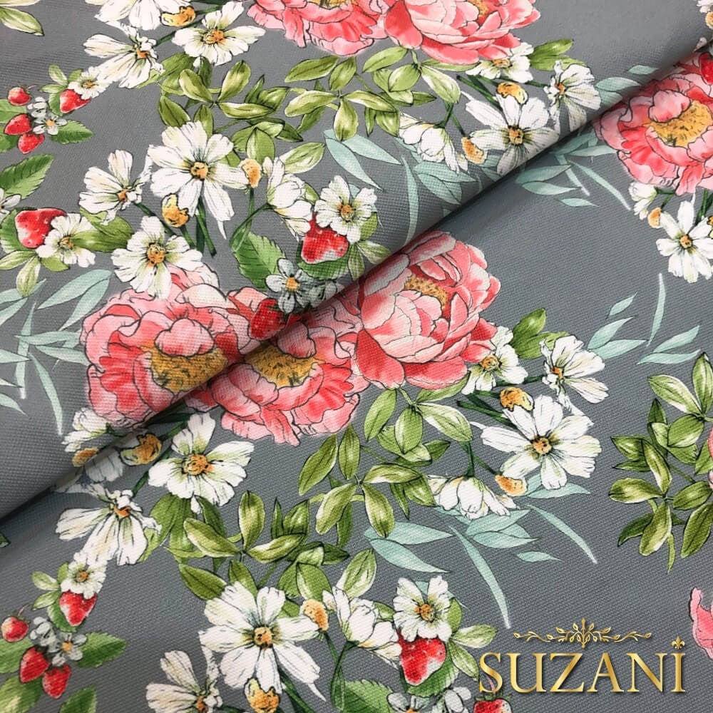 Gri Zemin Şakayık Desenli Dijital Baskılı Kumaş