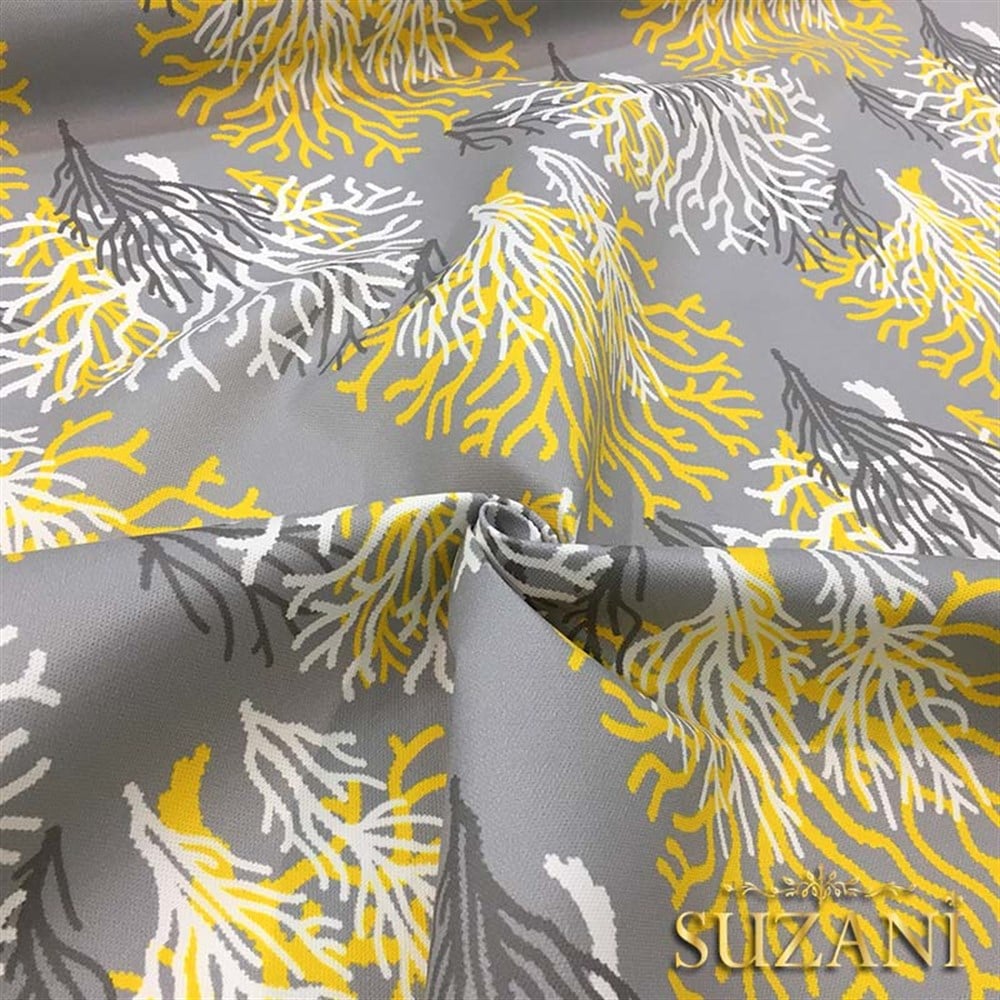 Gri Zemin Sarı Beyaz Mercan Desenli Kumaş